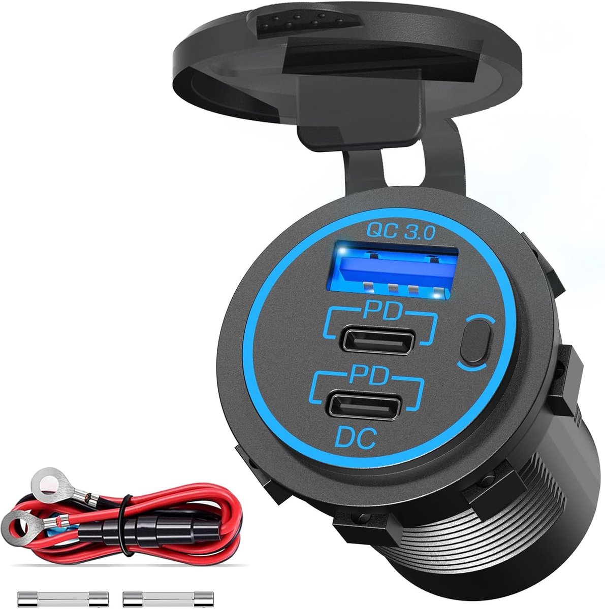 Thijox - 96W PD 3.0 USB C Stopcontact Inbouw Waterdicht 12V met Dual Type C Aansluiting en Schakelaar voor Camper Auto Motorfiets Boot Vrachtwagen Car