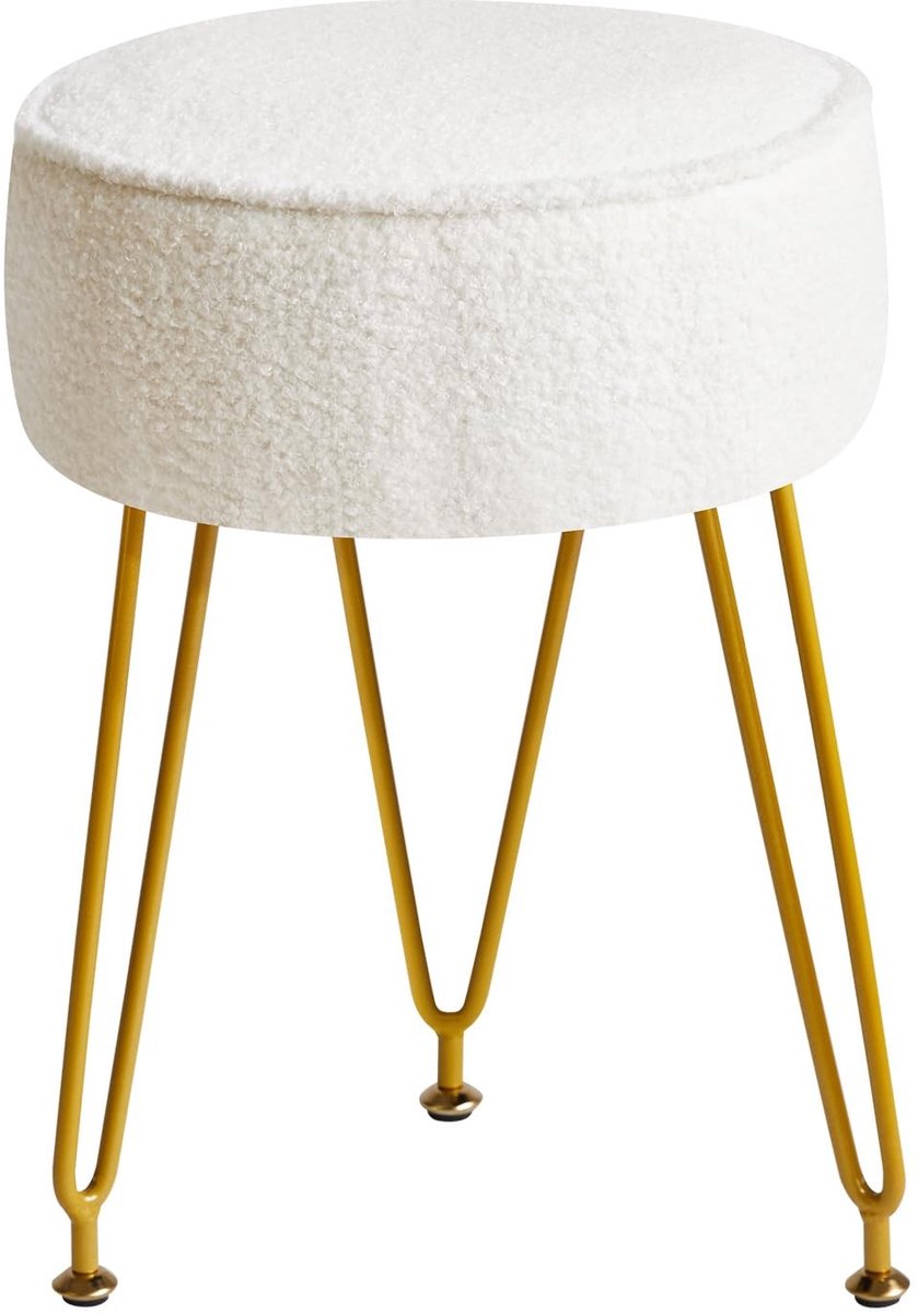 Inovra- Voetenbank Ronde Teddyfluweel - Poef - Ottomaan - Zithoek - Woonkamer/Slaapkamer - 32x44 cm - Gouden Poten - Kruk