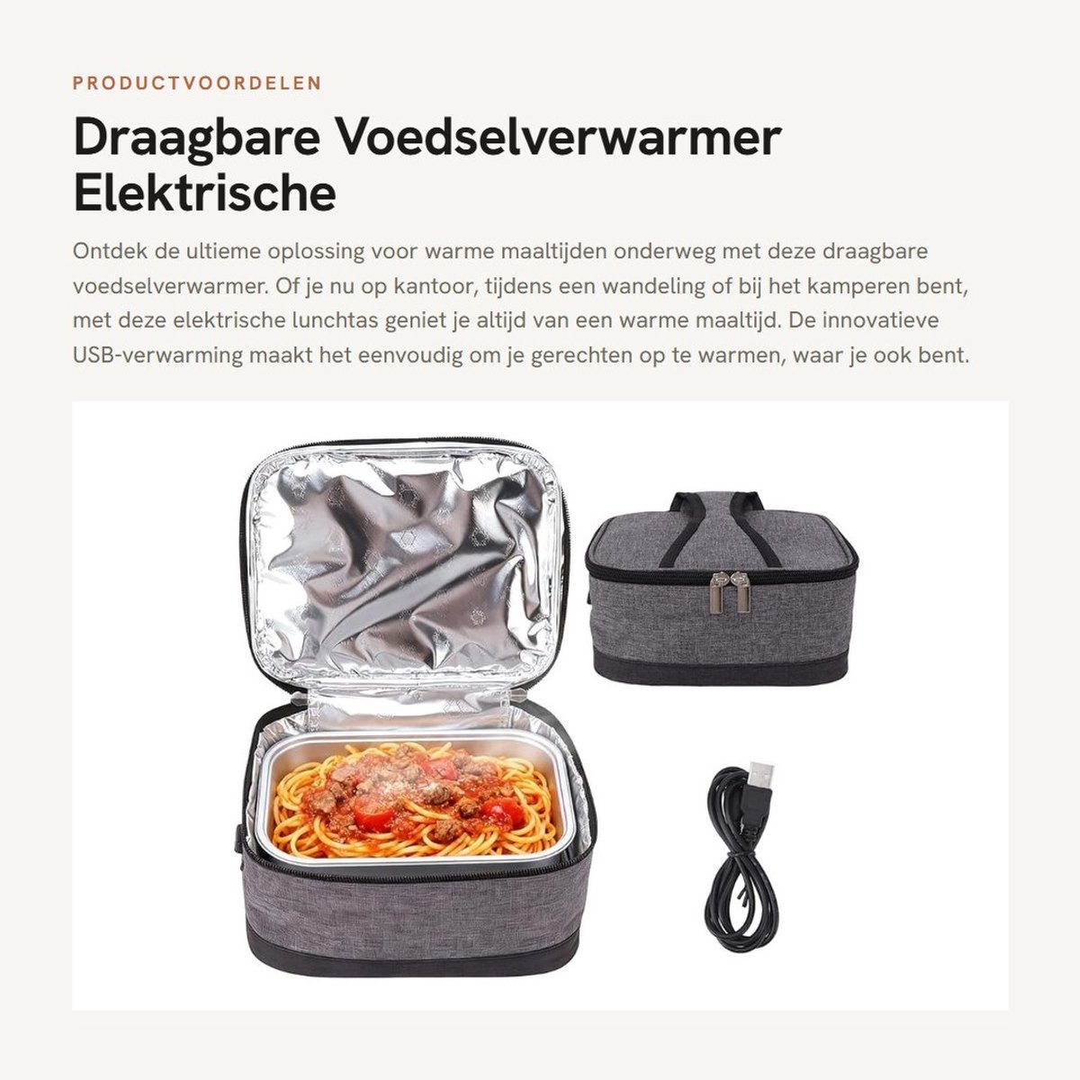 Inovra - Draagbare Voedselverwarmer - Elektrische Lunchtas - Ideaal voor Kantoor en Kamperen - Grijs - USB-verwarming - Grote capaciteit 3,5 liter...