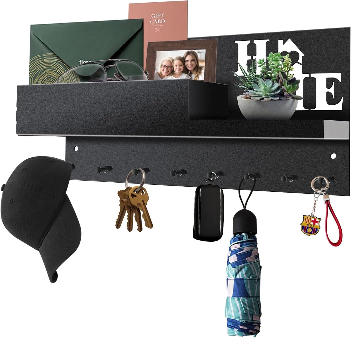 Dailygoods- Sleutelhouder Roestvrij Staal - Sleutelrek met Plank - Wandsleutelbord - Sleutelorganizer met 8 Haken - Postbak/Brievenhouder - Eenvoudig te Monteren