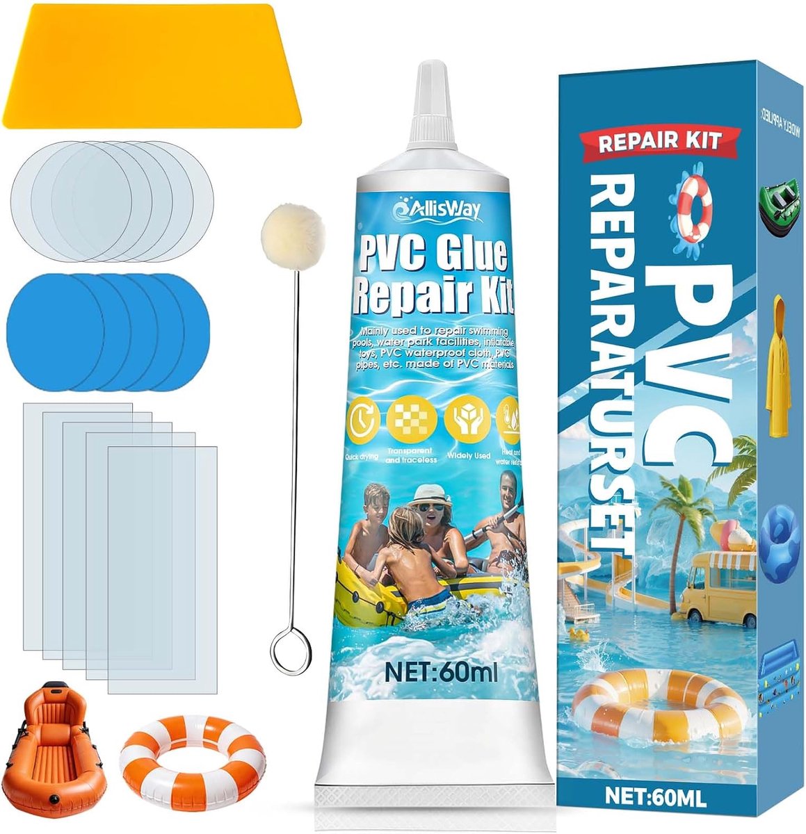 Thijox - Reparatieset voor Zwembad, PVC-Lijm 60 ml, Waterdicht en Transparant, Inclusief Reparatiepatches en Gereedschap voor Luchtbedden, Opblaasbare