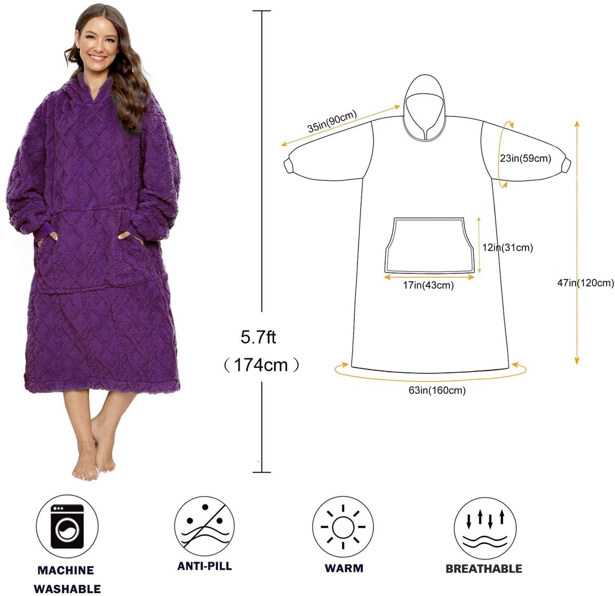 Dailygoods- Deken Hoodie Dubbelzijdig Sherpa - Oversized Jack - Comfortabel Sweatshirt - Warme Pluche Deken - Geschikt voor Binnen/Buiten - Eén Maat Pas Iedereen