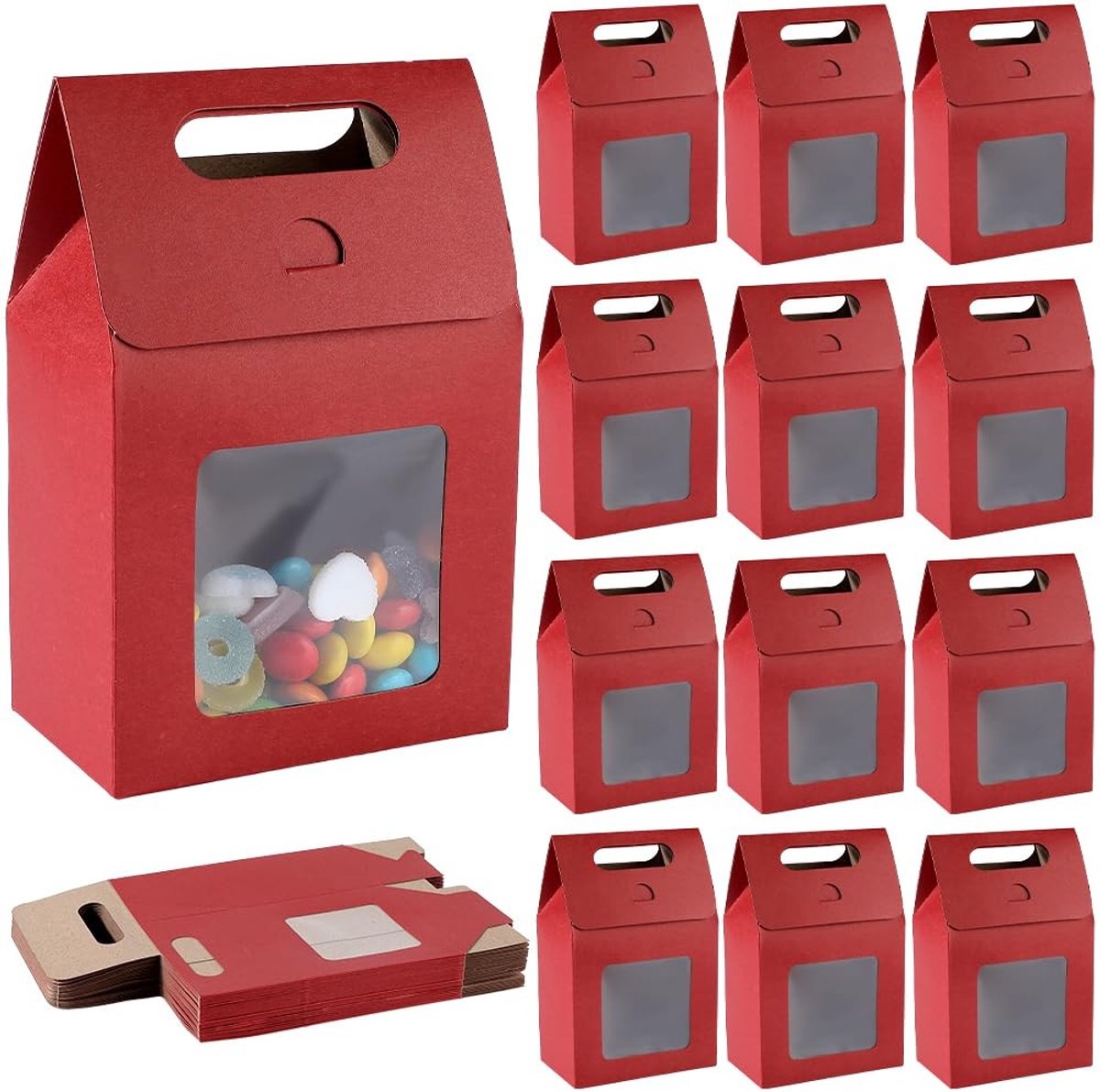 Dailygoods- Geschenkzak 24 stuks - Kraftpapier met venster - Donkerrode opstaande zak - Handgrepen - 9,7 x 5,8 x 15 cm - Voor snoep en koekjes - Cadeauzak