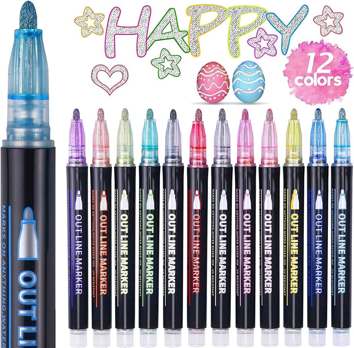 Thijox - Glitterpennen, Omtrekstiften voor Tienermeisjes, 12 Metallic Kleuren, Dubbele Lijn Contourpennen voor Creatief Schrijven en Tekenen, Perfect