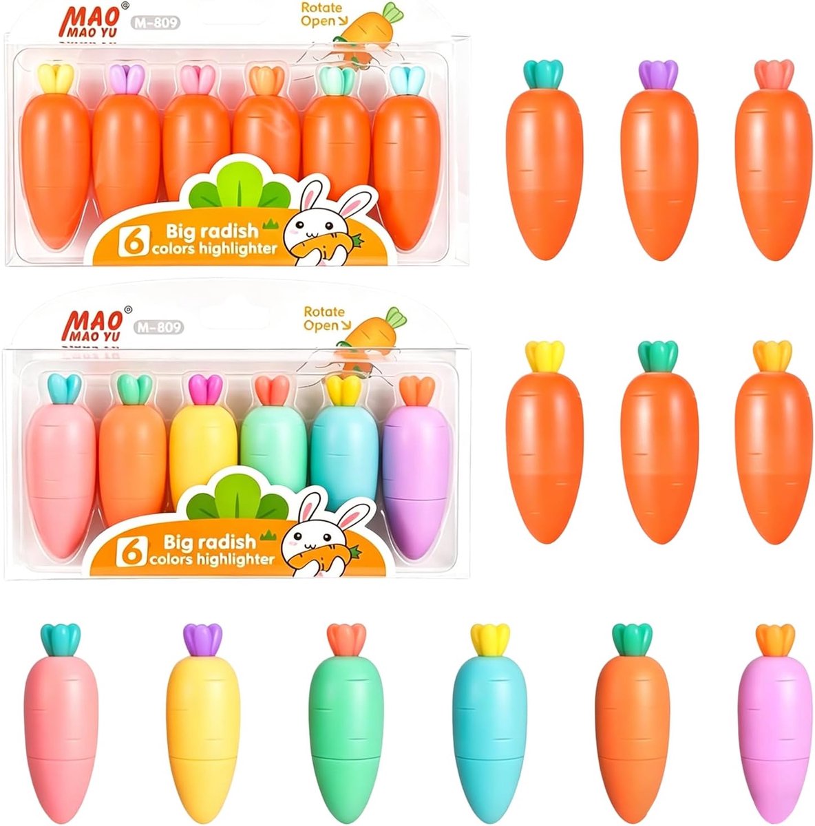 Thijox - 12 Stuks Mini-Markeer Stiften Wortel, Cartoon Markeer Stiften met Precisie Wigpunt, Roze, Oranje, Geel, Blauw, Groen, Paars, Grappig Schoolta