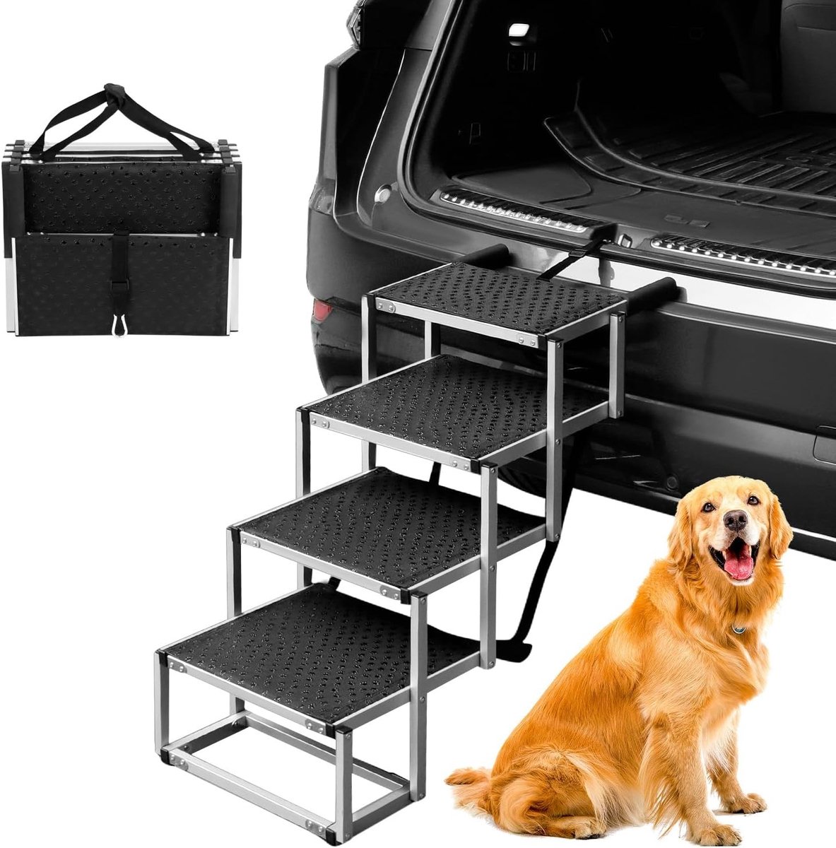 Vouwbare Hondenladder met 4 Treden, Antislip Instap Hulp voor Kleine en Grote Honden - Verstelbare Hoogte tot 64 cm, Draagvermogen tot 80 kg