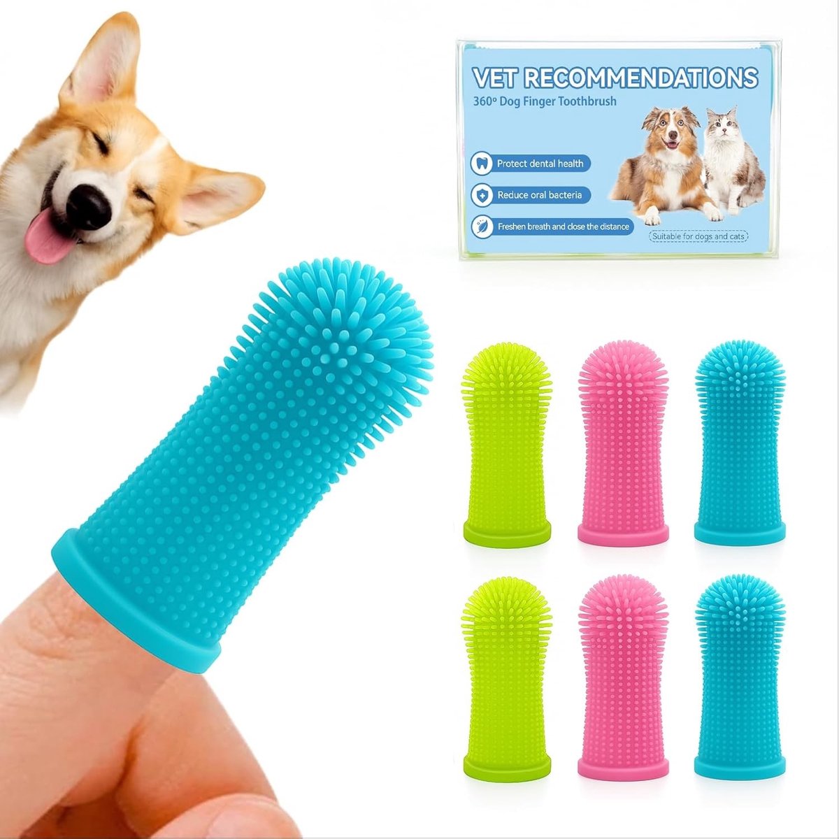 Hondentandenborstel Set voor Dieren (6 Stuks), 360º Tandenreiniging, Siliconen Vingerborstel voor Honden en Katten
