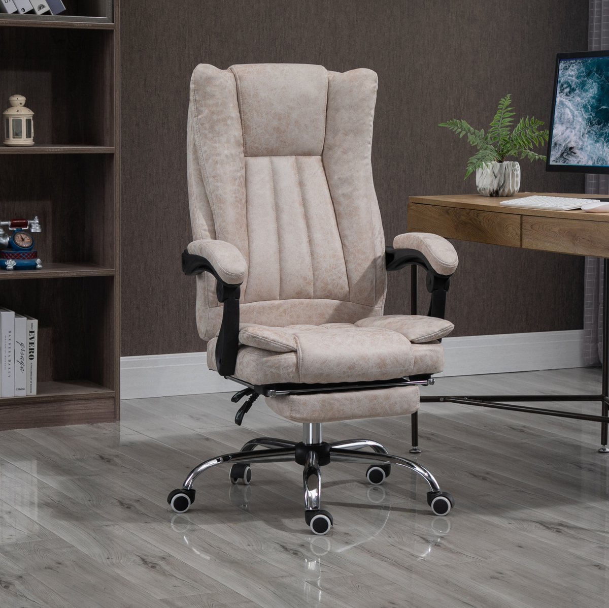 MEUNIQ bureaustoel met voetsteun en ligfunctie, verstelbare zithoogte, rugleuning tot 135°, 63 x 71 x 110-118 cm, microvezel look, beige