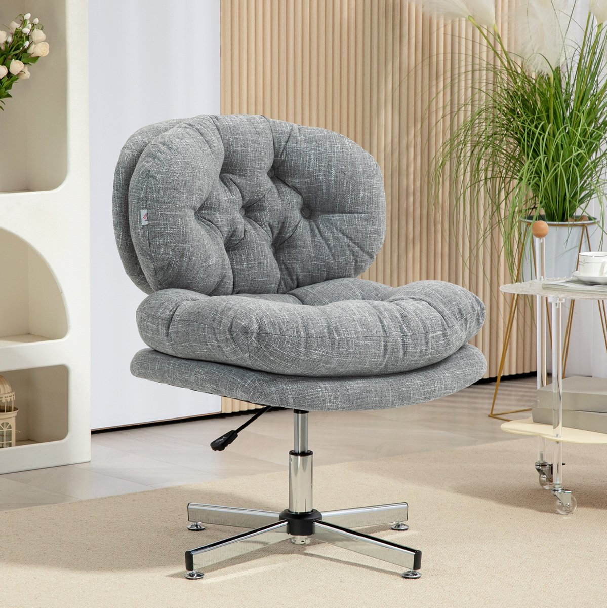 MEUNIQ Bureaustoel ergonomisch met wippfunctie, hoogteverstelbaar 49-59 cm, draaibaar, zacht gestoffeerd met linnenlook, 65 x 65 x 84-94 cm, grijs