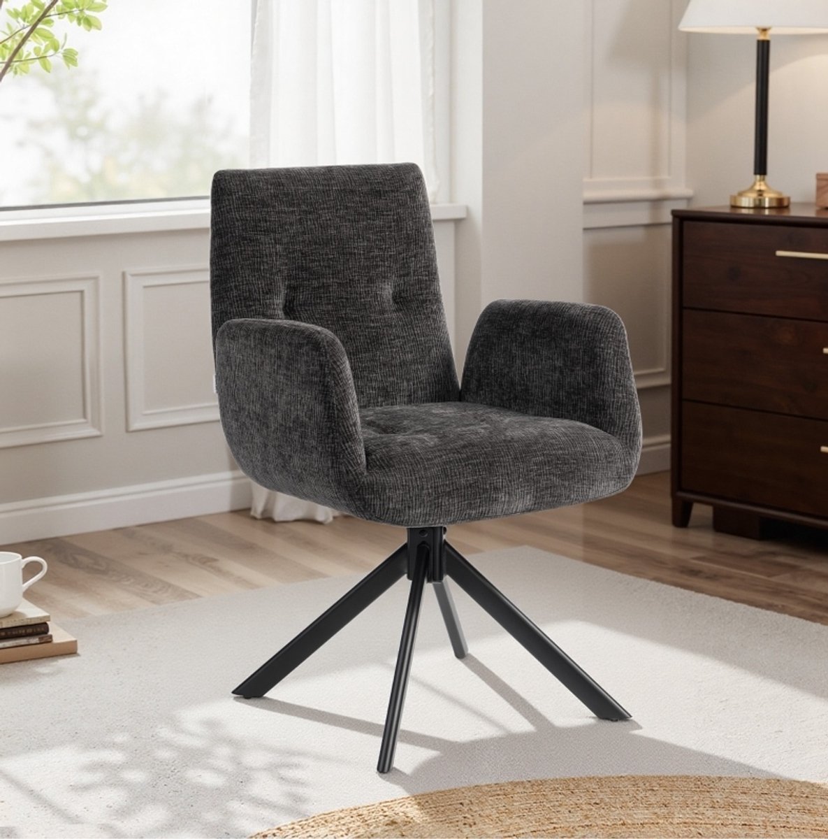 MEUNIQ fauteuil draaibaar 360 graden met armleuningen en gecapitonneerde rugleuning, 60 x 61 x 88 cm, metalen onderstel, zwart, voor woonkamer of leeshoek Black