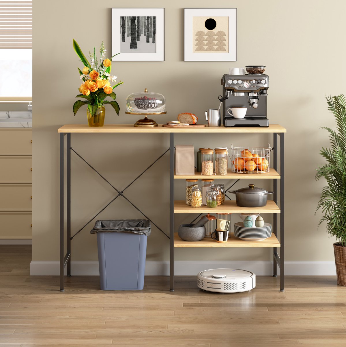 Multifunctionele Organizer Tafel - Zwart Metaal En Houtlook - Voor Keuken Woonkamer Garage En Kelder - 120 X 40 X 85,5 Cm