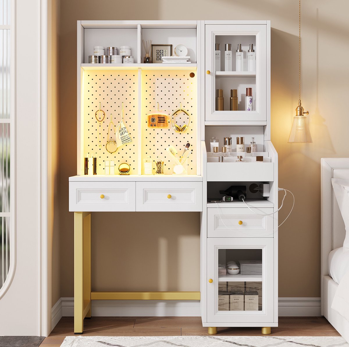 HAUSS SPOLE Kaptafel - Met Ledverlichting En Oplaadpunten - Met Opbergruimte Voor Slaapkamer En Werkplek - MDF - 100x45x156 Cm - Wit Goud