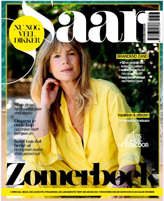 Vrouw in gele blouse, met 'Saar Zomerboek' en 'Nu nog veel dikker' op de cover. Blond haar, met bangs.