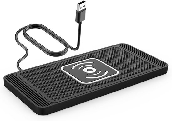 Zwarte draadloze oplader pad met anti-slip textuur en een centraal logo, inclusief een USB-kabel.