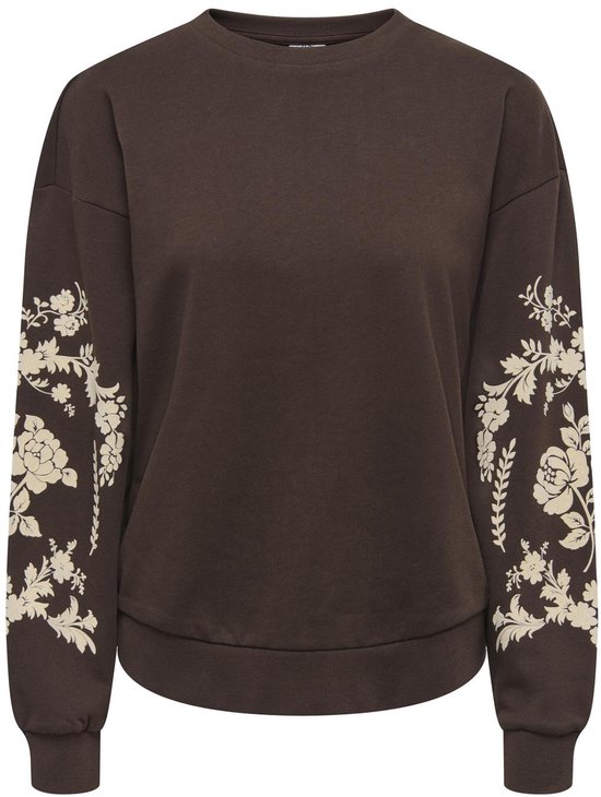 Bruine sweater met lichte bloemenprint op de mouwen.