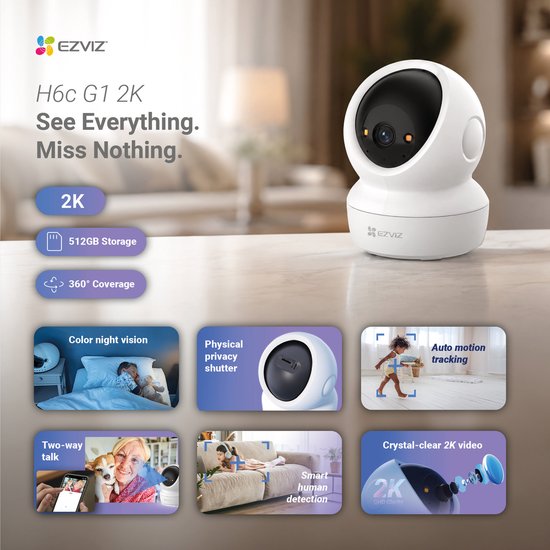EZVIZ H6c Pro 2K Beveiligingscamera Binnen - 360° Pan & Tilt - Smart Tracking, Color Nachtzicht & Privacy Shutter - Wifi 6 - MicroSD & Cloud - Wit - 1 Stuk van Merkloos — afbeelding 3