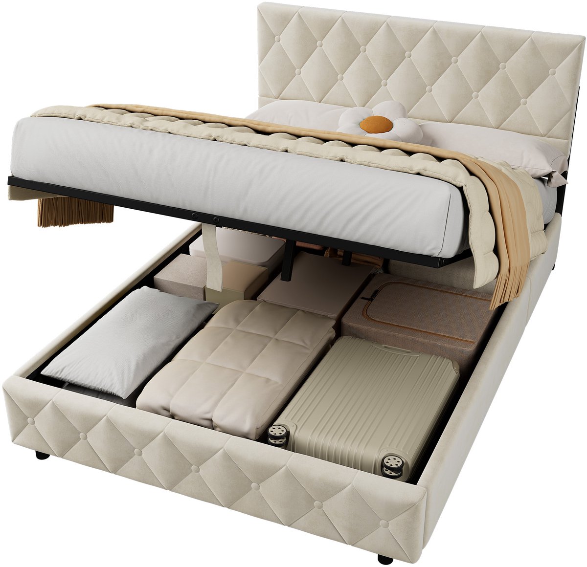 MODFU Gestoffeerd Tweepersoonsbed 140x200 cm – Met zacht hoog hoofdbord – Hoog frame met opbergruimte – Fluweel – Beige