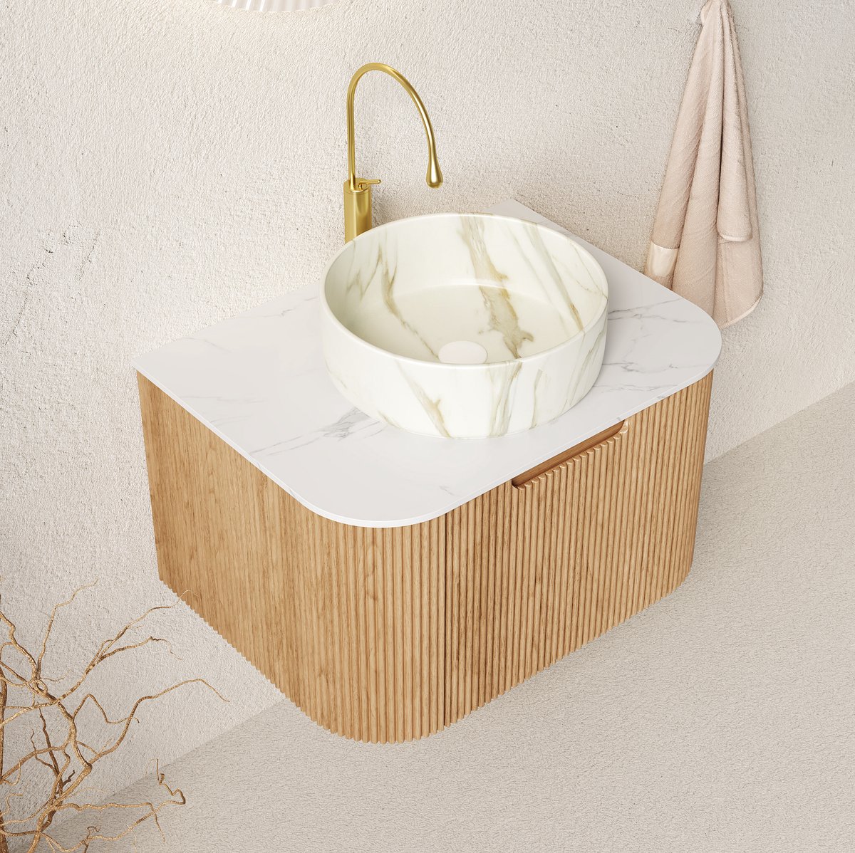 FloraGrace Badkamermeubel - Hangend Met Ronde Keramische Waskom En Soft-Close Lade - Voor Badkamer - Multiplex En Wit - 61x48x49,1 Cm