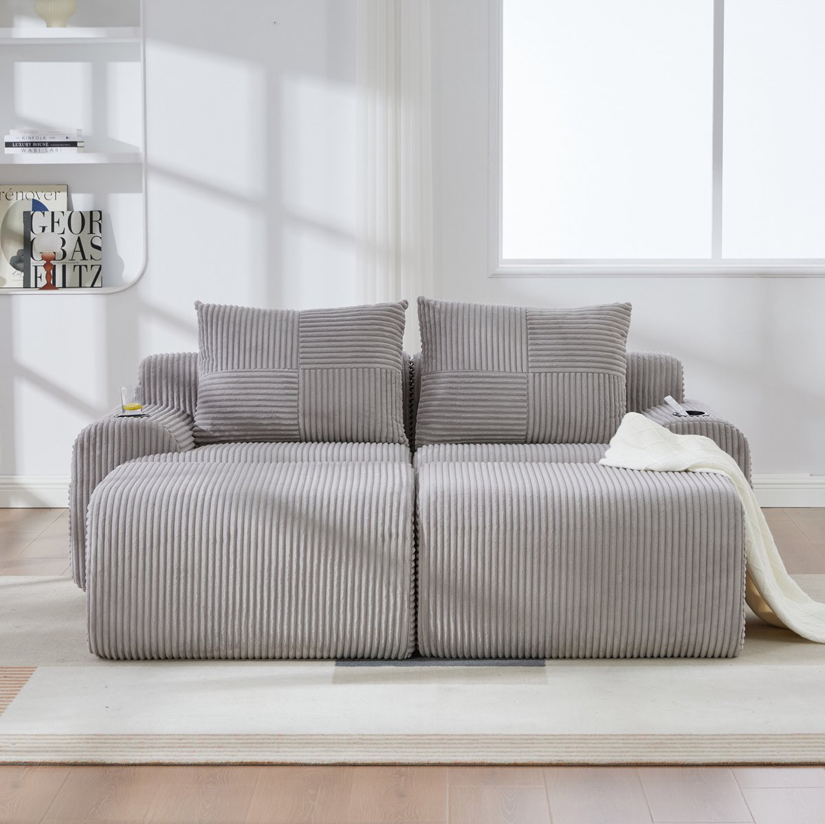 FloraGrace Set Bank 200 x 174 x 80 cm - Modulair 2-Zits Sofa Met 2 Hockers, Bekerhouder En Opbergtas - Woonkamer - Corduroy - Lichtgrijs