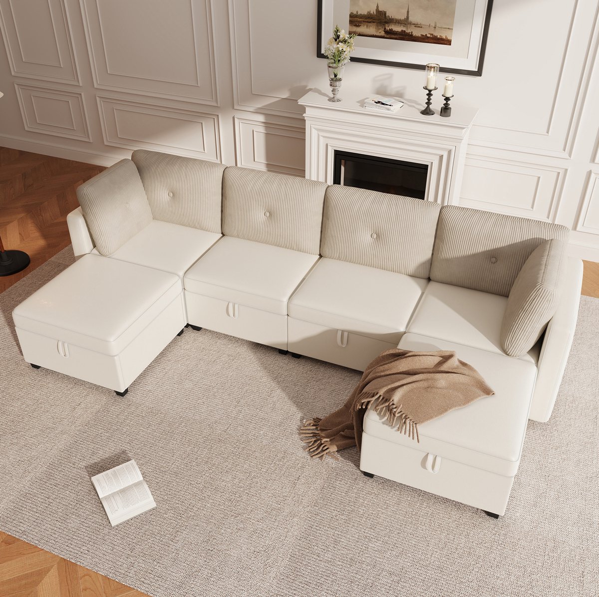 FloraGrace U-Bank 261 x 132,5 x 85 Cm - 6 Modulaire Zitplaatsen Met Opbergruimte En Ligvlak - Fluweel En Ribstof - Beige