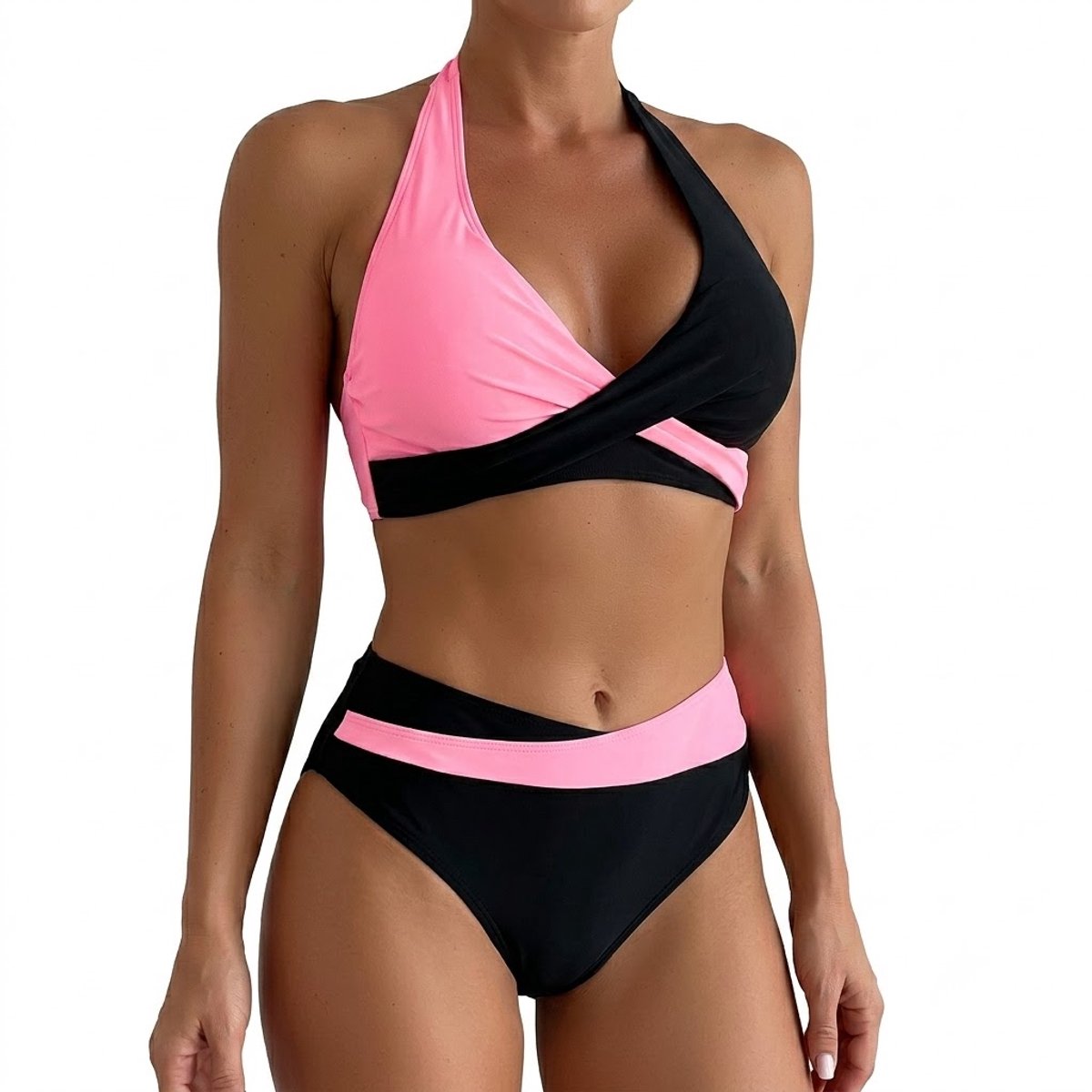 Zwart roze bikini set dames halter bikini zwempakset met gekruiste rug en split ontwerp hoge taille bikini broekje 2 delige strandkleding vakantie zwemkleding maat L