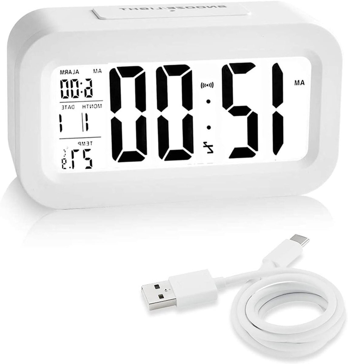 Digitale Wekker - Nachtkastje Klok - Wakker Worden - Slimme Lichtsensor - 13 x 8 x 4.5 cm - Wit