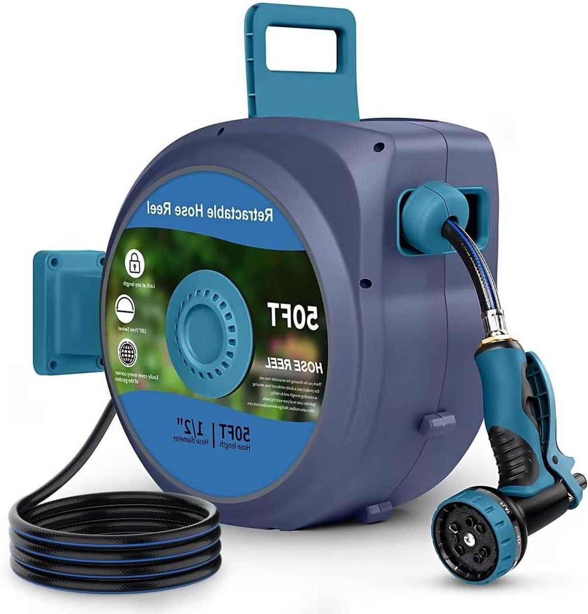 Intrekbare Tuinslang - Wandslanghaspel - Buiten water geven - Automatisch oprolsysteem - 15 meter - Grijs Blauw