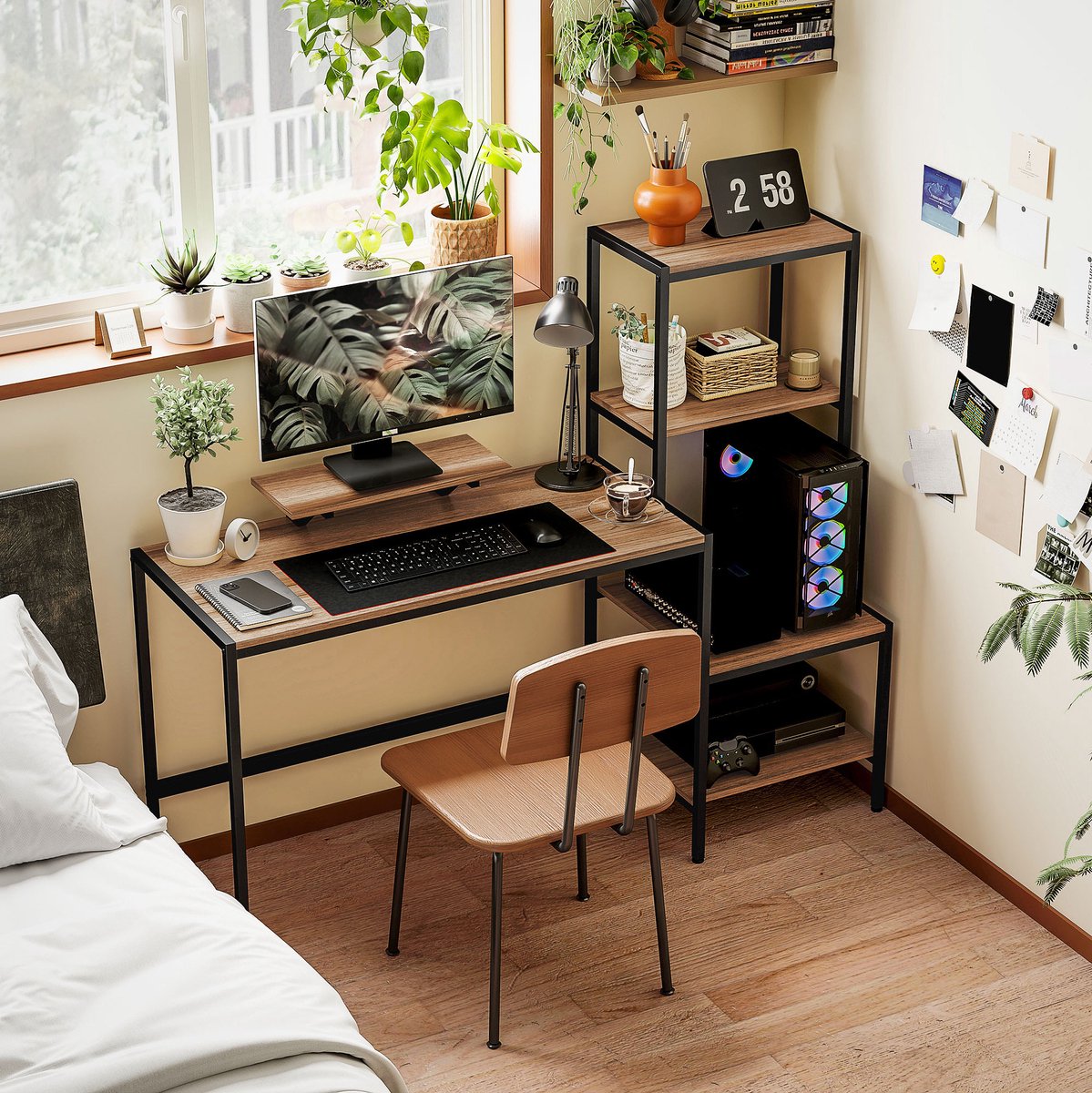 MEUNIQ bureau met monitorverhoger en omkeerbare 4-laags opbergrek, computertafel voor thuiskantoor met werkblad 100 x 48 cm, 150 x 48 x 125 cm, bruin
