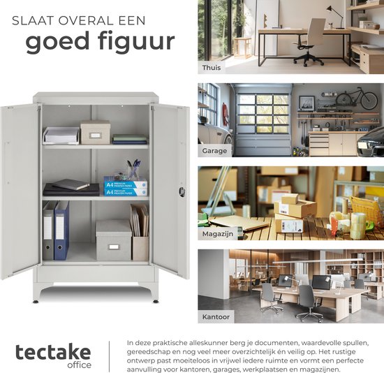 Grijze archiefkast met twee deuren, drie planken gevuld met ordners, papier en dozen.