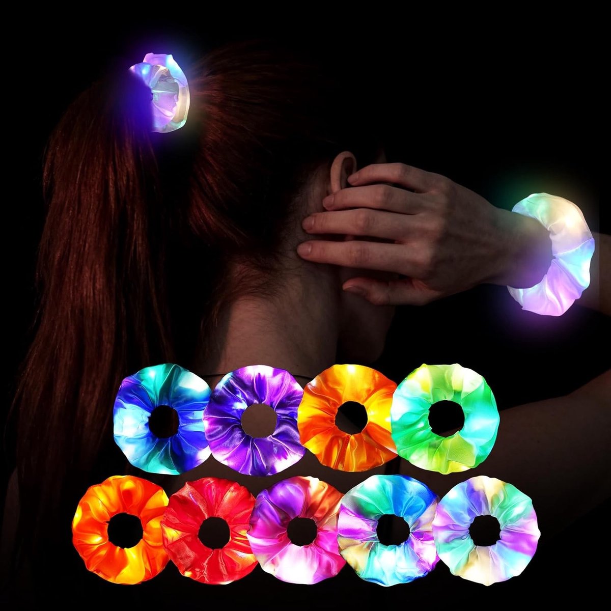 Kleurige LED Haar Scrunchies - 9 Stuks met Lichteffecten, Zacht Elastisch en Ideaal voor Feestjes, Carnavals en Halloween