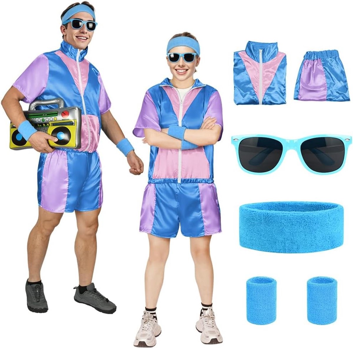 Retro 90s Hip Hop Outfit en 80s Fashion Shell Suit Kostuum voor Disco, Inclusief Hoofdband en Polsbanden, Perfect voor Themafeesten en Verkleedpartijen