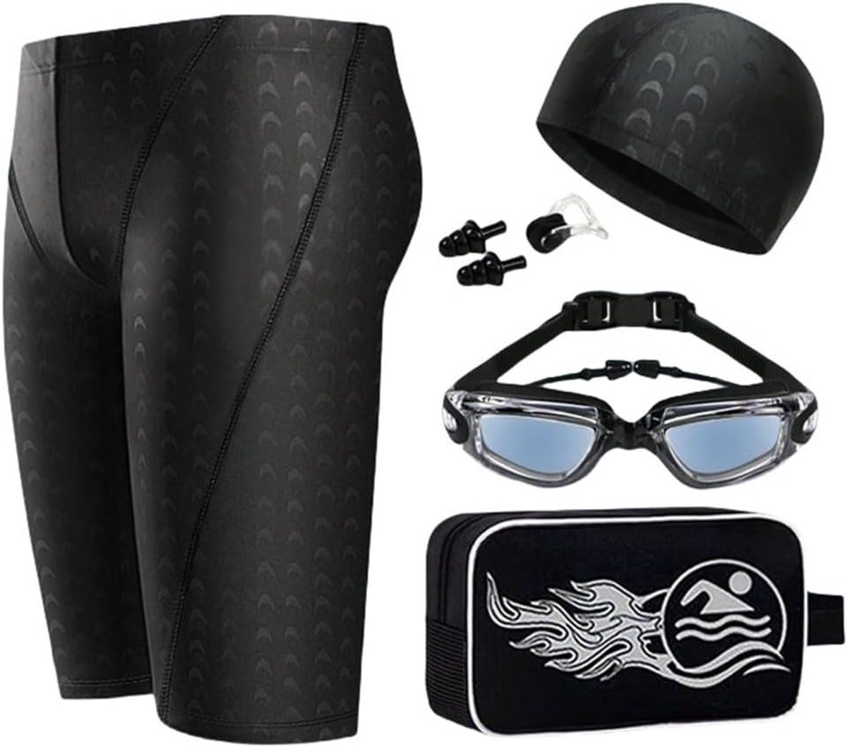 Complete 5-delige zwemsportset voor heren met zwembroek, zwembril, badmuts, oordopjes en opbergtas voor triathlon en zwemtraining