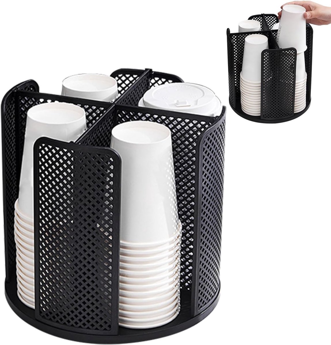 360 Graden Draaiende Organizer voor Papieren Bekers met 4 Compartimenten - Ideaal voor Koffie, Keuken en Badkamer, Ruimtebesparende Dispenser voor Bekers en Dekselhouder