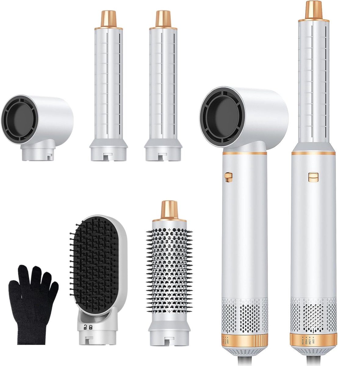 Thijox - 5-in-1 Haarstyler met Lucht, Krultang, Airstyler, Föhn, Thermische Borstel, Ronde Borstel, Multistyler, Wit/Goud, Voor Thuisgebruik en Feestj