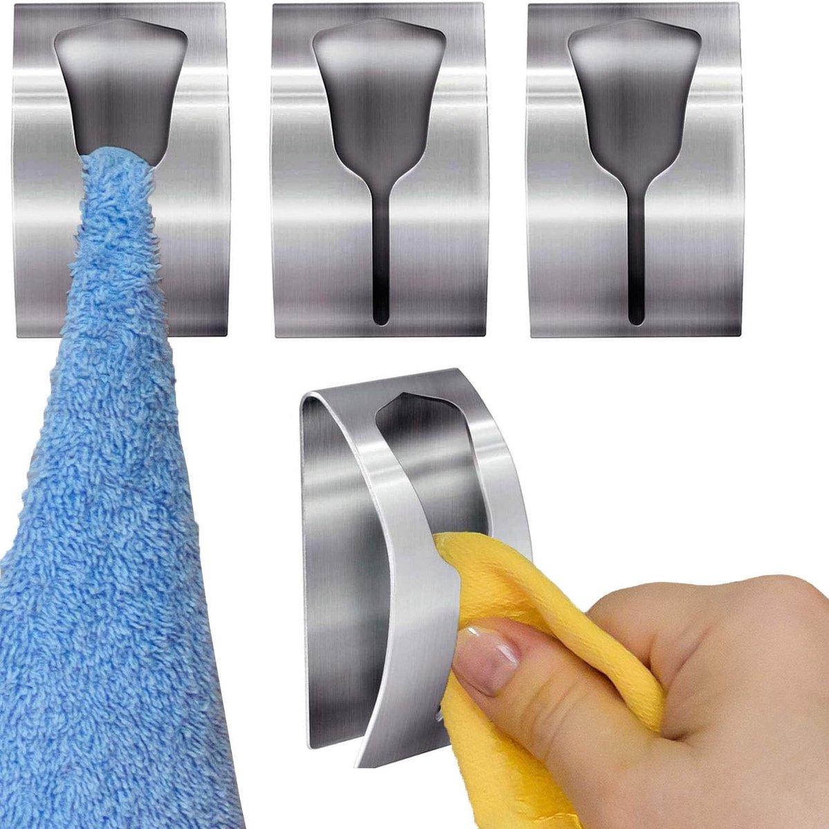 SnelShoppen - Set van 4 Zelfklevende Handdoekhouders - Wand Ophang Haakjes voor Keuken - RVS Theedoek/Handdoek Klem - Geen Boren Nodig - Ideaal voor K