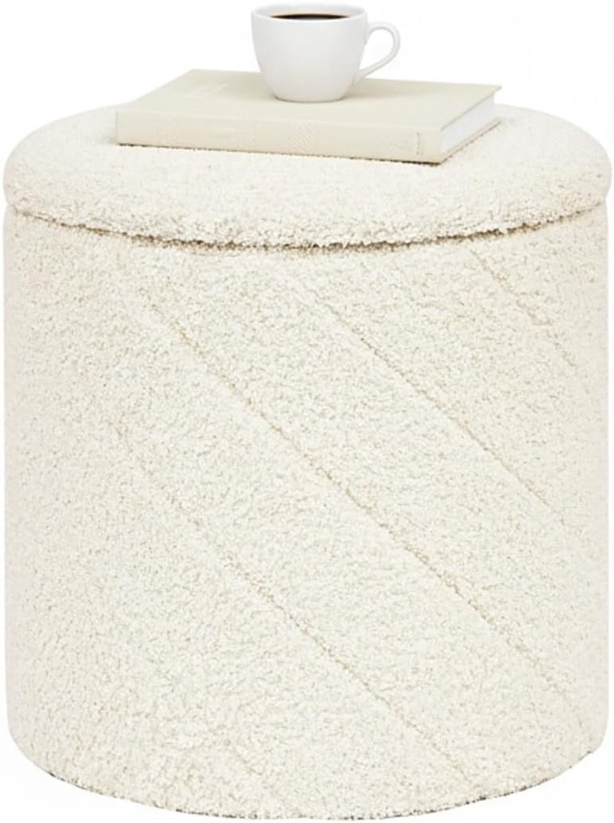 Thijox - Ronde Opbergpoef, Voetenbank met Opbergruimte, Inklapbare Kruk met Deksel, Wit, 33x33x35 cm - Ideaal voor Woonkamer, Slaapkamer, Entree, Mult