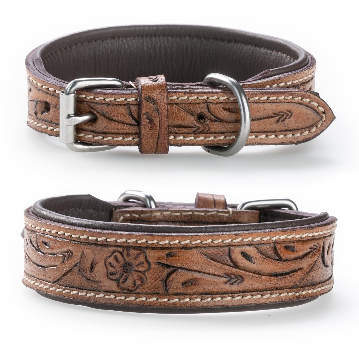Dailygoods - Exclusieve Hondenhalsband - Gevoerde Buffellederen Halsband met Bloemenpatroon M
