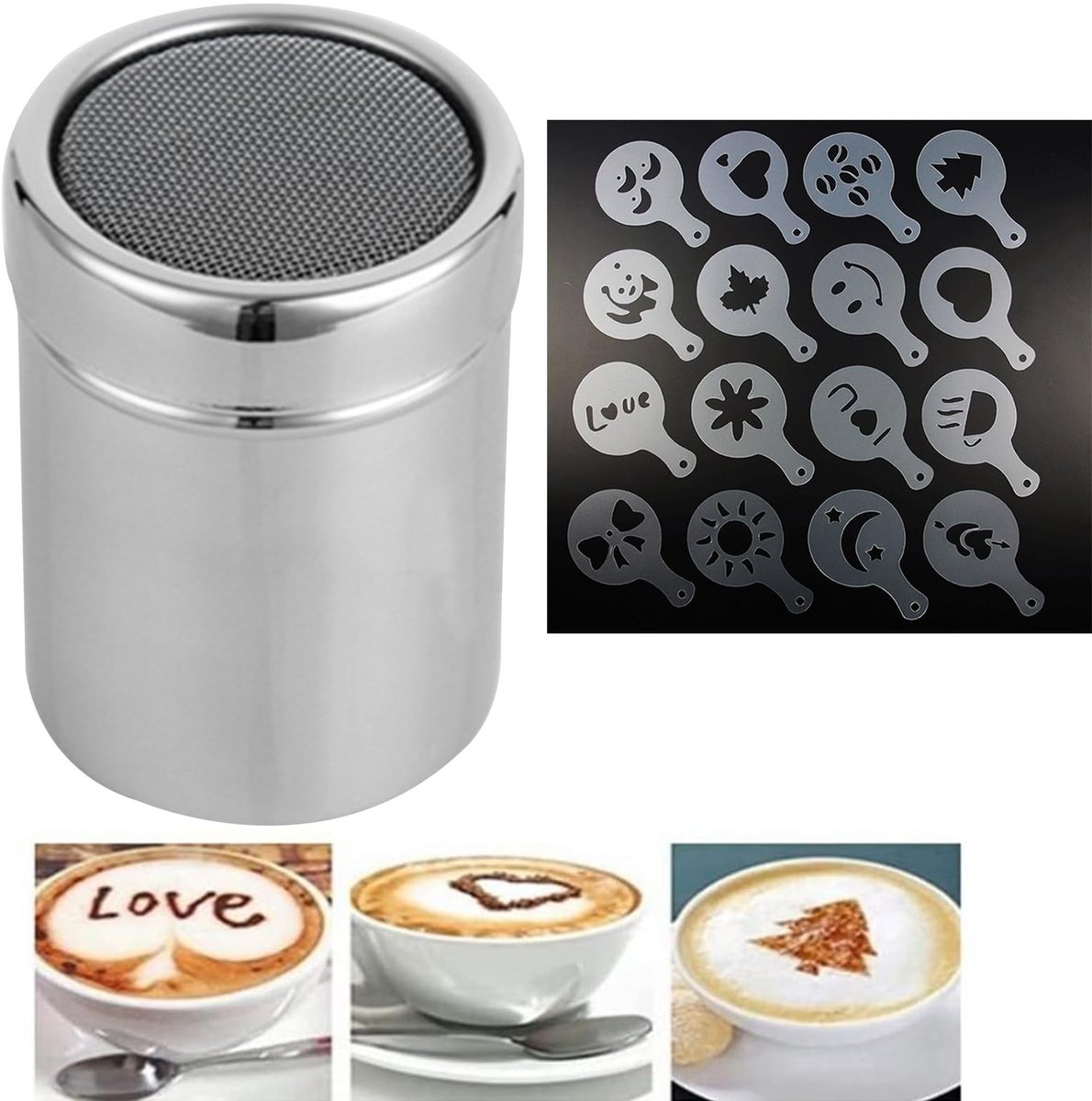 Dailygoods- Cacaospuit Roestvrij Staal - Poedersuiker Strooier - 16 Stencils - Voor Koffie - Warme Chocolade - Voor Bakken - Poedersuikerstrooier