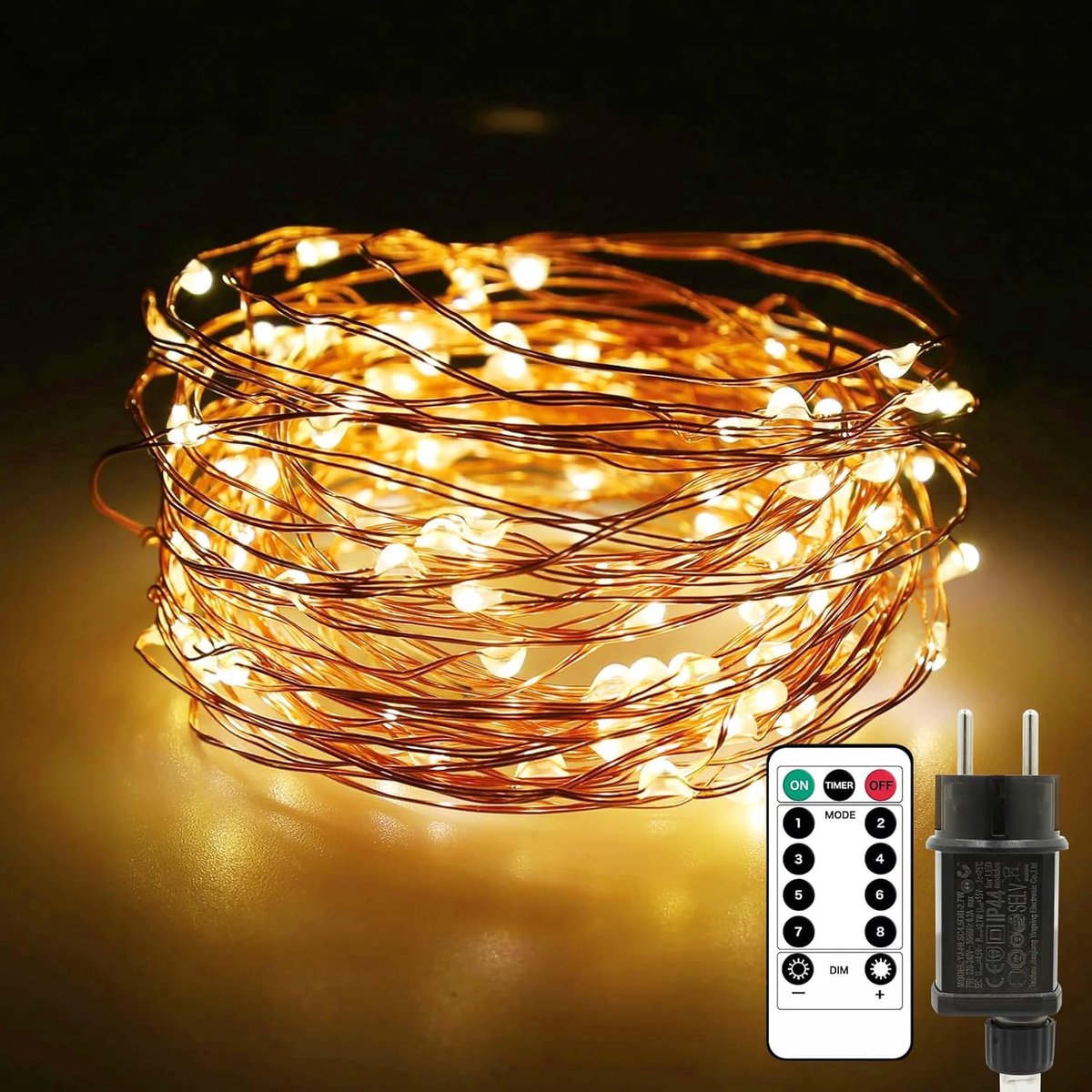 Thijox - Lichtsnoer 10m met 100 LED warmwit, koperdraad, afstandsbediening, timer, 8 modi, IP65 waterdicht, kerstdecoratie en tuinfeest verlichting