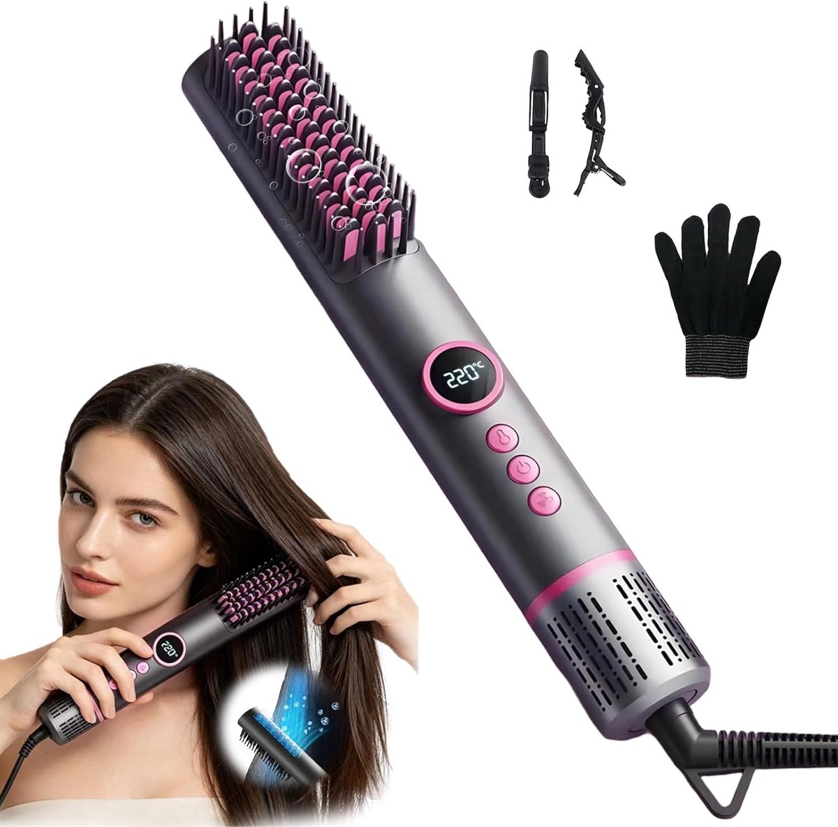 SnelShoppen - Mini Stijltang 3-in-1 Krulborstel met Ionen Technologie, Koude Lucht, Snelle Verwarming 30s, 5 Temperatuurinstellingen 140-220°C, Reisfo