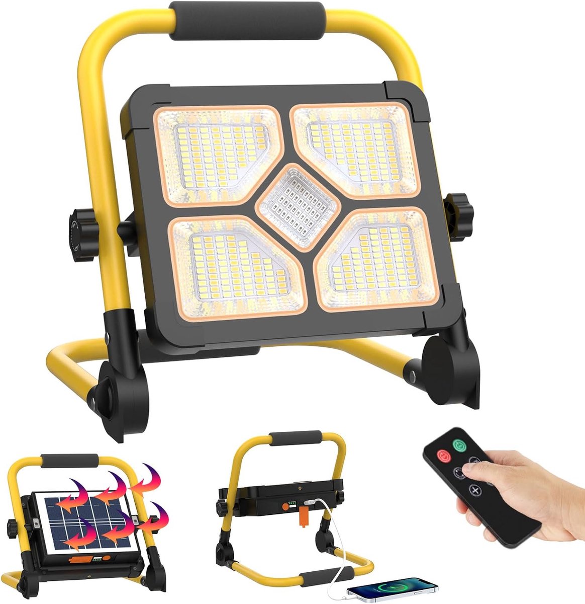 Thijox - Oplaadbare LED-werklamp met standaard en afstandsbediening, 150W 10000LM, Zonne-energie, 5 Dimmodes, USB-uitgang, Magnetische Basis, IP66 Wat