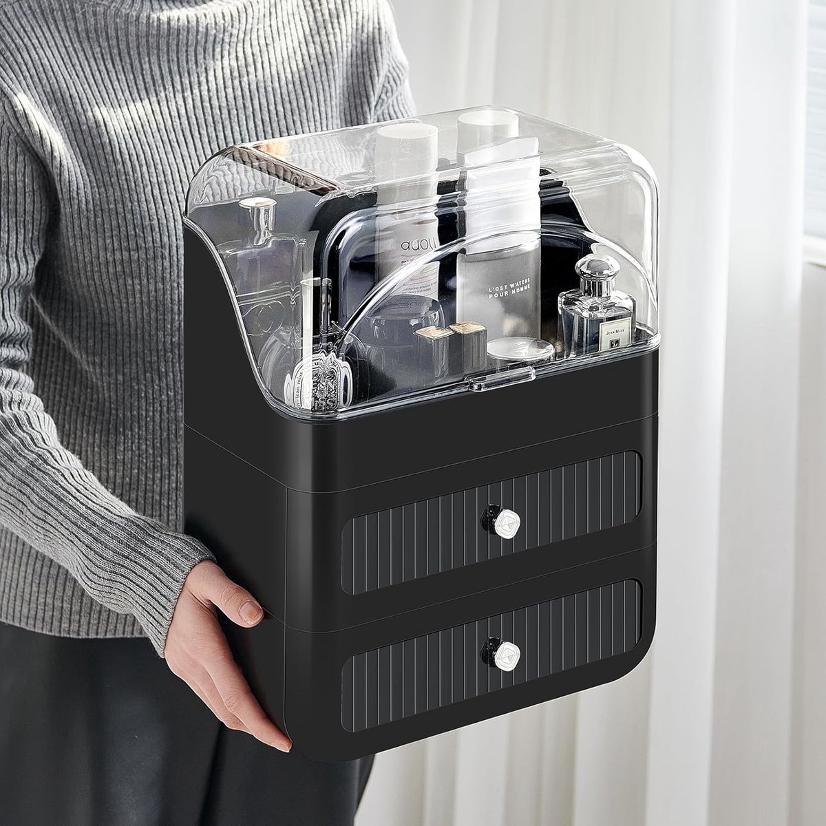 Thijox - Make-up Organizer met 2 Laden - Cosmetica Organizer met Deksel - Stofdicht en Ruim - Grote Capaciteit voor Make-up, Dresser, Skincare - Zwart
