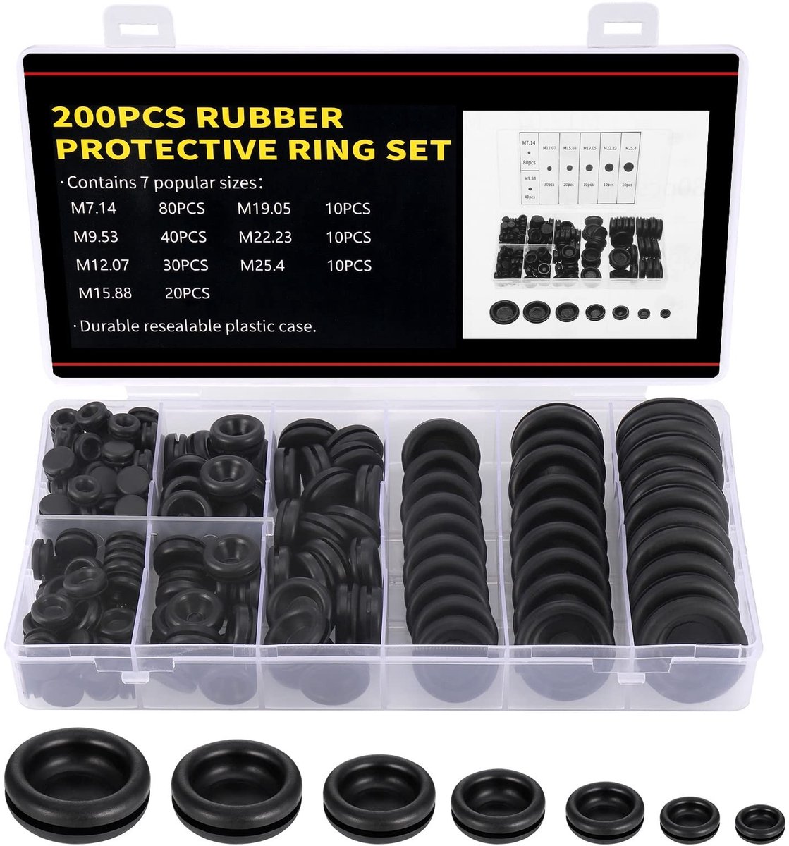Dailygoods - rubberen ringen - rubberen afwerkingsringen - beschermt kabels - zwart - assortiment van 200 stuks - geschikt voor elektrische toepassing...