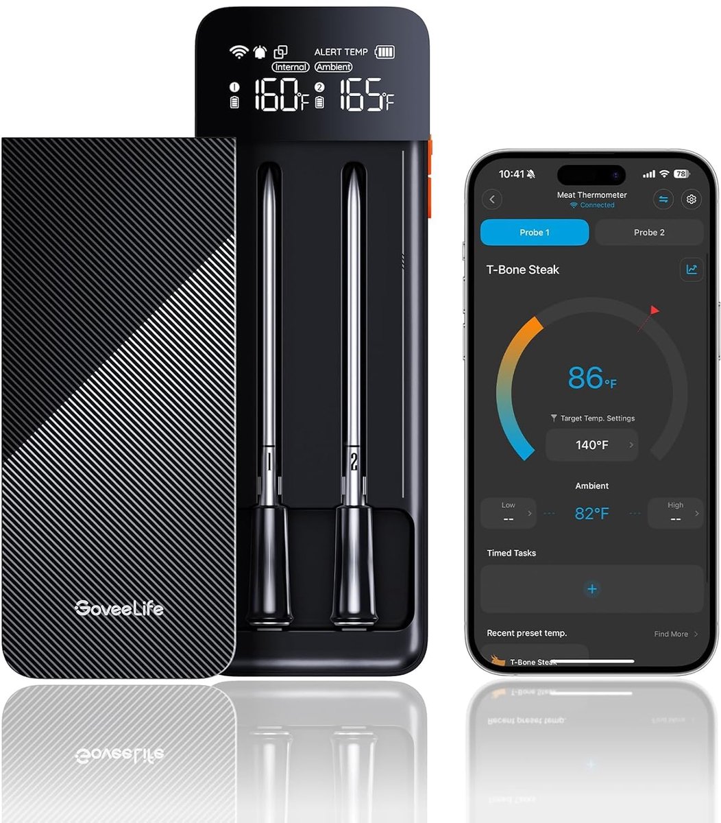 SnelShoppen - Draadloze Vleesthermometer Bluetooth, Grillthermometer met 2 Sondes, IP68 Waterdicht, Onbeperkt Wifi-Bereik, Voor BBQ, Oven, Keuken, Gri