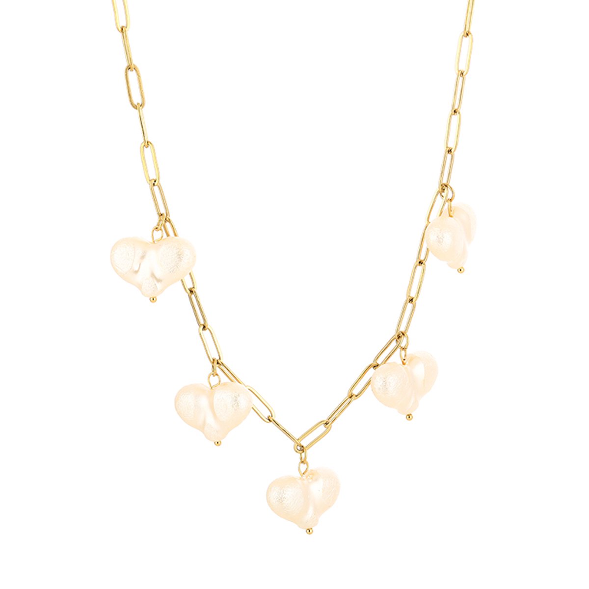 Pearl Heart Charms Paperclip Chain Necklace – Ketting met Parel Harten – RVS - Wit