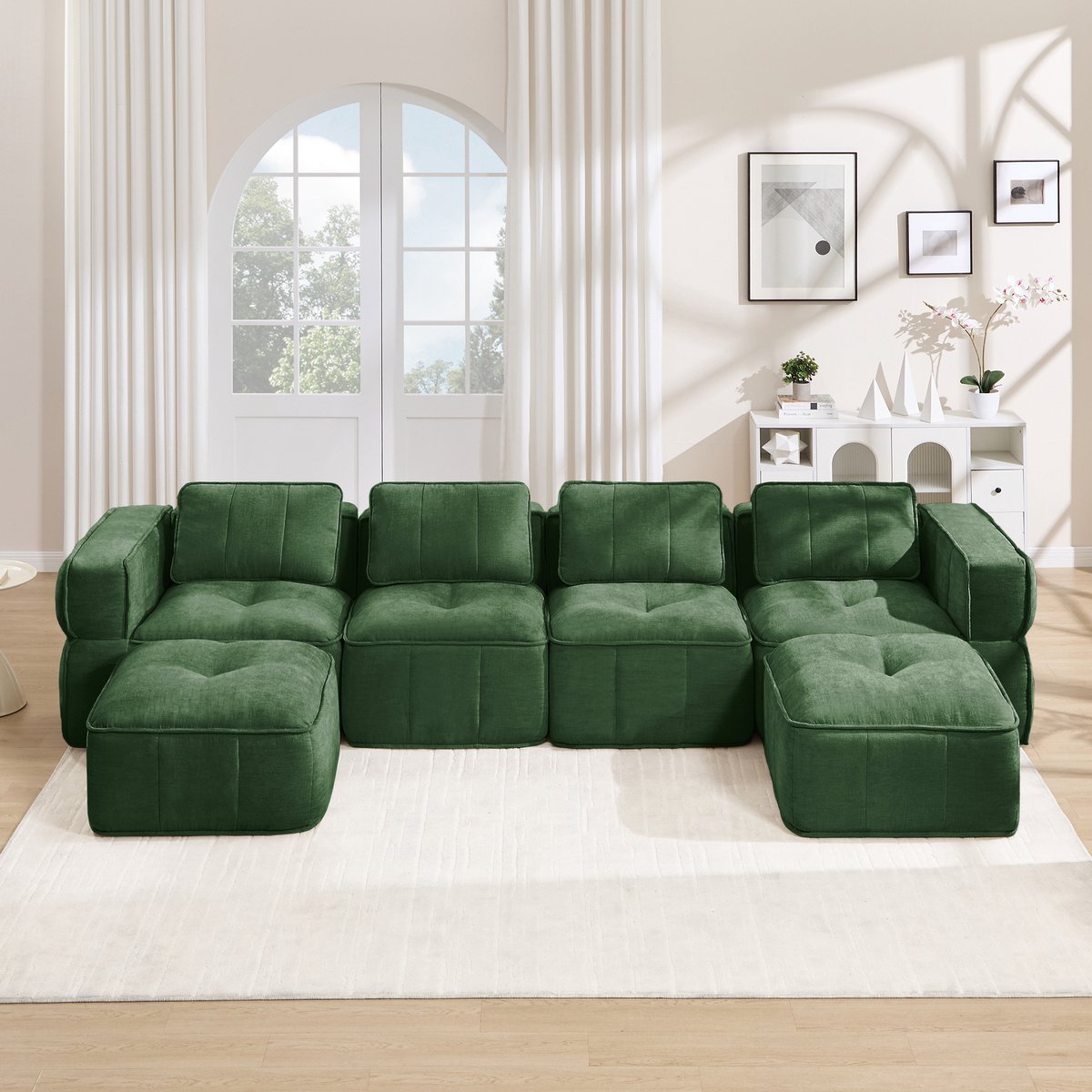Pugsdrly 4-zits U-vormige modulaire bank zonder frame, met 2 poefs, 32D-schuim met hoge dichtheid, zachte en comfortabele stoffen bekleding, antislip, voor de woonkamer, geen montage nodig, groen.