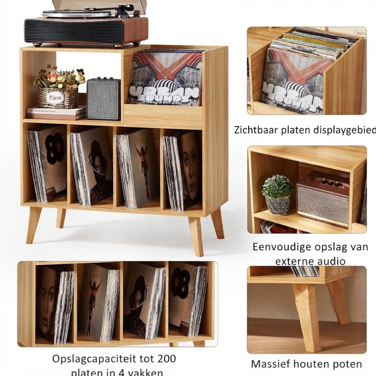 Lìon® Platenspeler Meubel - Platenspelerkast - LP Opbergsysteem - 4 Planken - Bruin - 40cm x 80cm x 83cm
