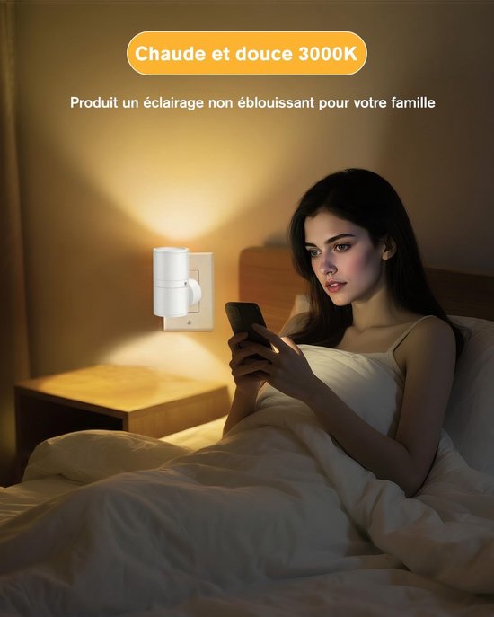 LED-nachtlamp voor stopcontact – kindernachtlamp voor de muur – schemeringssensor – zacht wit 3000K-4500K – instelbare helderheid 0-100LM – dimbare nachtlamp voor gang, slaapkamer – 2 stuks wit. — afbeelding 4