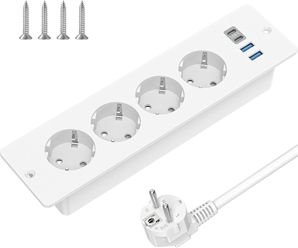 Verzonken stopcontact met 2 USB C en 2 USB-A-aansluitingen, voor verzinking in tafelblad, 4-voudige inbouwstopcontact, stekkerdoos met 2 m kabel, tafelstopcontact, meervoudig stopcontact voor