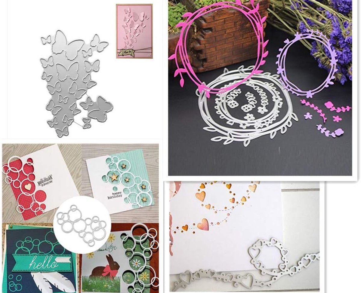 4 x stanssjablonen, blinddrukvormen, metalen reliëfsjablonen, stansmachine voor doe-het-zelf papieren kaarten, fotoalbum (vlinder + bloemenkrans + hartslinger + rond)